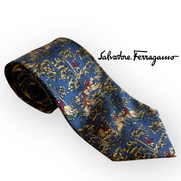Salvatore Ferragamo Blue Red Equestrian Hunt Novelty Men's Tie - Picture 2 of 6